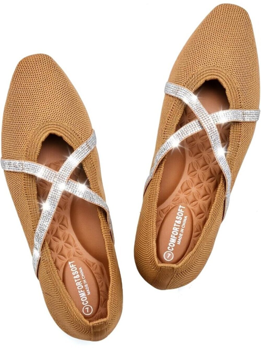 Womens Orange Fabric Square Toe Ballet Flat With Cross Strap Washable Knit Shoes